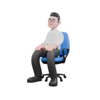 3D Producer Design. A male producer sits on a chair with both hands on his thighs, eyes closed, smiling expression. Movie Style png