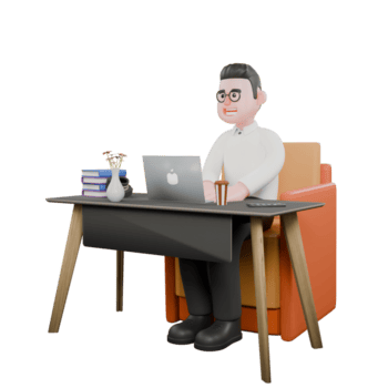 Animated 3D Cartoon. A male producer sits on a sofa with a laptop on the table while both hands are typing on the keyboard. Movie Style png