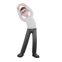 Creative 3D Producer. A male producer stands while stretching his body to the side with both hands above his head, relieved expression. Animation png