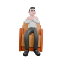 3D Producer Design. A male producer sits on a sofa with his arms crossed in front of his chest, a satisfied and cheeky expression. Film Style png