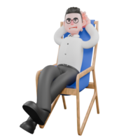 Animated 3D Cartoon. A male producer sits on a chair with one leg crossed over the other while both hands are behind his head, a relaxed and arrogant expression. Animation png