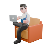 Cartoon Movie Director. A male producer sits on a sofa with a laptop open on his lap, typing notes while looking at a book. Director Model png