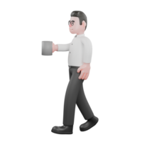 3D Cartoon Model. A male producer walks while holding a cup with his right hand while his left hand is beside his body. 3D Style png