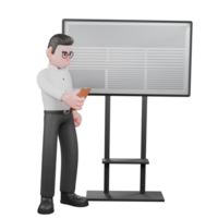 Movie Producer Cartoon. A male producer stands in front of a blackboard, holding a notepad with his right hand while his left hand is clenched at his side. Studio Style png
