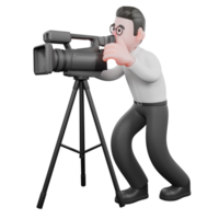 Cartoon Movie Director. A male producer stands slightly bent over while looking at a studio camera in front of him. Movie Style png