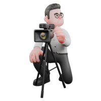 Film Set Cartoon Producer. A male producer squats while facing left with a studio camera in front of him, smiling expression. Animation png