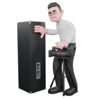 Creative 3D Model. A male producer with his right hand holding a loudspeaker while his left hand holds a camera in front of his body. Movie Style png