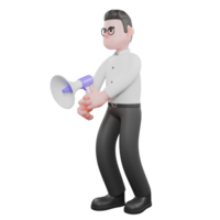 3D Producer Character.a male producer stands facing right with a loudspeaker held by both hands. Cartoon 3D Model png