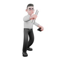 Animated 3D Producer. A male producer stands with a film photo in his right hand while his left hand holds a cassette. Producer Character png
