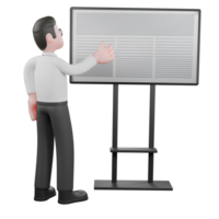 Creative 3D Model. A male producer stands in front of a blackboard while his right hand points to the blackboard while his left hand is at his side His body. Movie Style png
