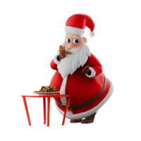 Christmas Cartoon Santa. A santa claus man stands beside a dining table with both hands holding cookies, as if he wants to eat them. 3D Character Design png