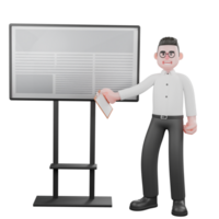 3D Producer Design. A male producer stands next to a blackboard while his right hand holds the notepad forward while his left hand is clenched at his side, expression explaining. 3D Style png
