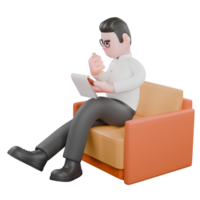 Animated 3D Cartoon. A male producer sits on a sofa with one hand holding a notepad while the other hand holds a pen, serious expression. Filmmaker Illustration png
