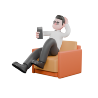 3D Producer Design. A male producer sits on a sofa with his right hand holding a cellphone while his left hand is holding his head. Producer Character png
