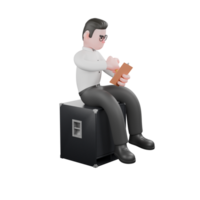 Film Scene 3D Producer. A male producer sits at the speaker with his left hand holding a notepad and his right hand pointing to the notepad. Producer Character png