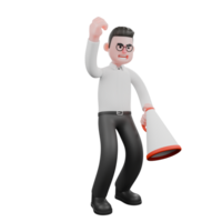 Creative 3D Model. A male producer stands with both legs slightly bent, while his left hand holds a loudspeaker and his right hand is raised up. Film Style png