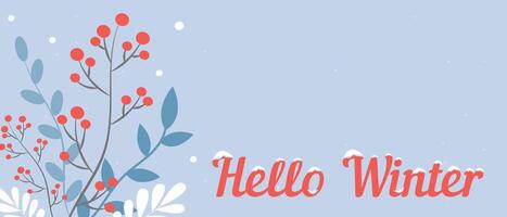 A winter themed card featuring blue background, red berries with leaves, white snowflakes, and the phrase Hello Winter in bold red text. vector