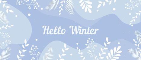 A light blue winter-themed background with white botanical elements and the text Hello Winter in the center. vector