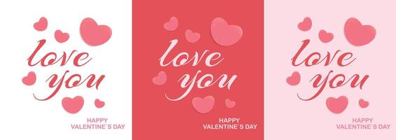 Three Valentines cards with the phrase love you, featuring pink hearts on different background colors with Happy Valentines Day text. vector