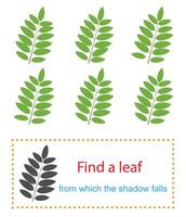 Educational game for kids. Task for attentiveness. Find a leaf from which the shadow falls. illustration vector