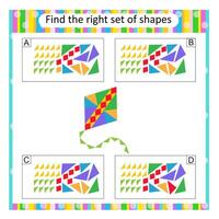 Logic puzzle for kids. Find the correct set of cartoon kite toy. vector