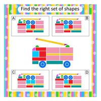 Logic puzzle for children. Find the correct set of transport. Preschool worksheet activity. illustration. Answer is D vector