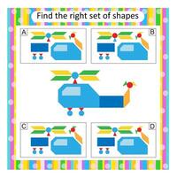 Logic puzzle for children. Find the correct set of helicopter. Preschool worksheet activity. vector