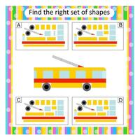 Logic puzzle for children. Find the correct set of transport. Preschool worksheet activity. Answer is D. vector