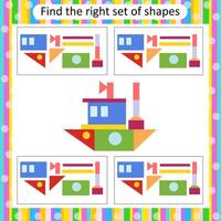 Logic puzzle for kids. Find the correct set of boat. Preschool worksheet activity. illustration vector