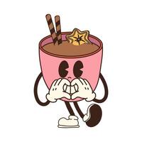 A retro cartoon cup of hot chocolate with marshmallows and a candy cane, designed as a Christmas mascot character vector