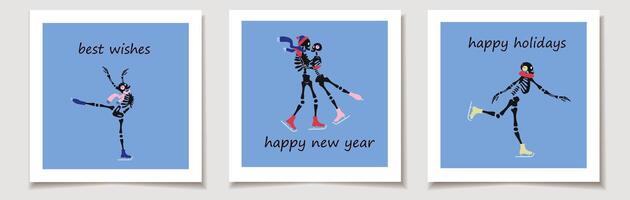 Set of Holiday cards with cute skeleton characters is skating on ice, their bony figures gliding smoothly as they strike playful poses. Greeting cards. vector