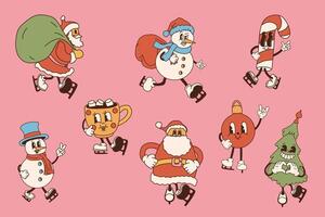 A set of retro cartoon Christmas characters on a pink background, inspired by the animation styles of the 40s, 50s, 60s, wearing skates and acting as Christmas mascots vector