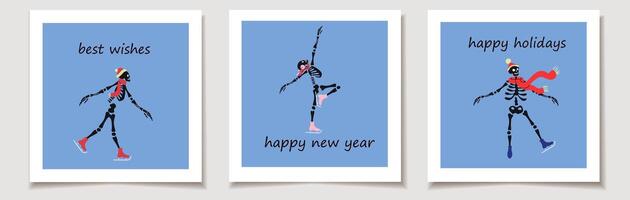 Set of Holiday cards with cute skeleton characters is skating on ice, their bony figures gliding smoothly as they strike playful poses. Greeting cards. vector