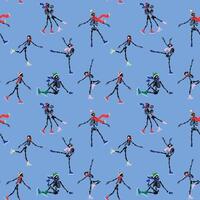 Seamless pattern with cute skeleton characters is skating on ice, their bony figures gliding smoothly as they strike playful poses vector