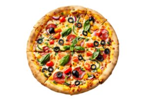 A pizza with olives, peppers and tomatoes png