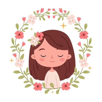 Portrait of a cute little girl in a frame of spring flowers