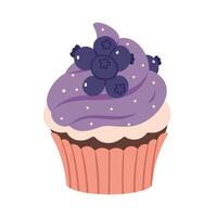 Chocolate cupcake with blueberries and vanilla cream.Chocolate cupcake with blueberry, blue cream, sugar sprinkles in cupcake paper. Cute cream berries pastries. Muffin dessert sweet, food. vector