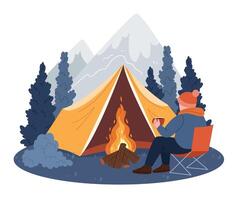 A man drinks coffee while hiking in a mountain forest. A yellow tent near a bonfire. vector