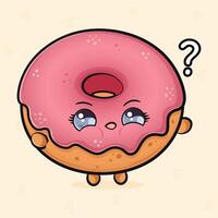 Pink Donut and question mark. hand drawn cartoon kawaii character illustration icon. Isolated on light background. Pink Donut character concept vector