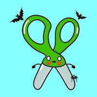 Terrible Scissors character. hand drawn cartoon kawaii character illustration icon. Isolated on blue background. Zombie Scissors. Halloween concept vector