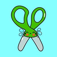 Crying Scissors character. hand drawn cartoon kawaii character illustration icon. Isolated on blue background. Sad Scissors character concept vector