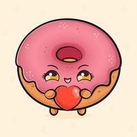 Cute funny pink Donut with heart in hand. hand drawn cartoon kawaii character illustration icon. Isolated on light background. Donut character concept vector