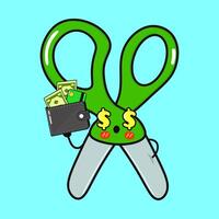 Scissors Dollar, Wallet, Money character. hand drawn cartoon kawaii character illustration icon. Isolated on blue background. Scissors character concept vector