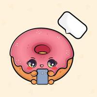Pink Donut with a smartphone in hand. hand drawn cartoon kawaii character illustration icon. Isolated on light green background. Pink Donut character concept vector