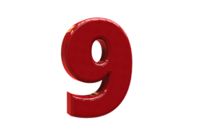 Number 9 3D render Color Red Style background transparent png