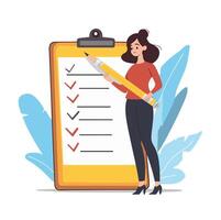 A woman checks off items on a list while holding a pencil in an organized workspace vector