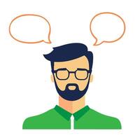 A thoughtful man with glasses engages in conversation, illustrating communication and expression vector