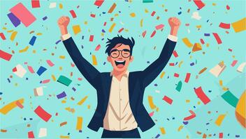 A joyful young man celebrates success with confetti in the background at a festive event vector