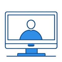 Simple blue illustration of a person on a computer screen representing virtual communication vector
