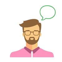 A man with glasses and a beard thinking in a pink shirt with a speech bubble above his head vector